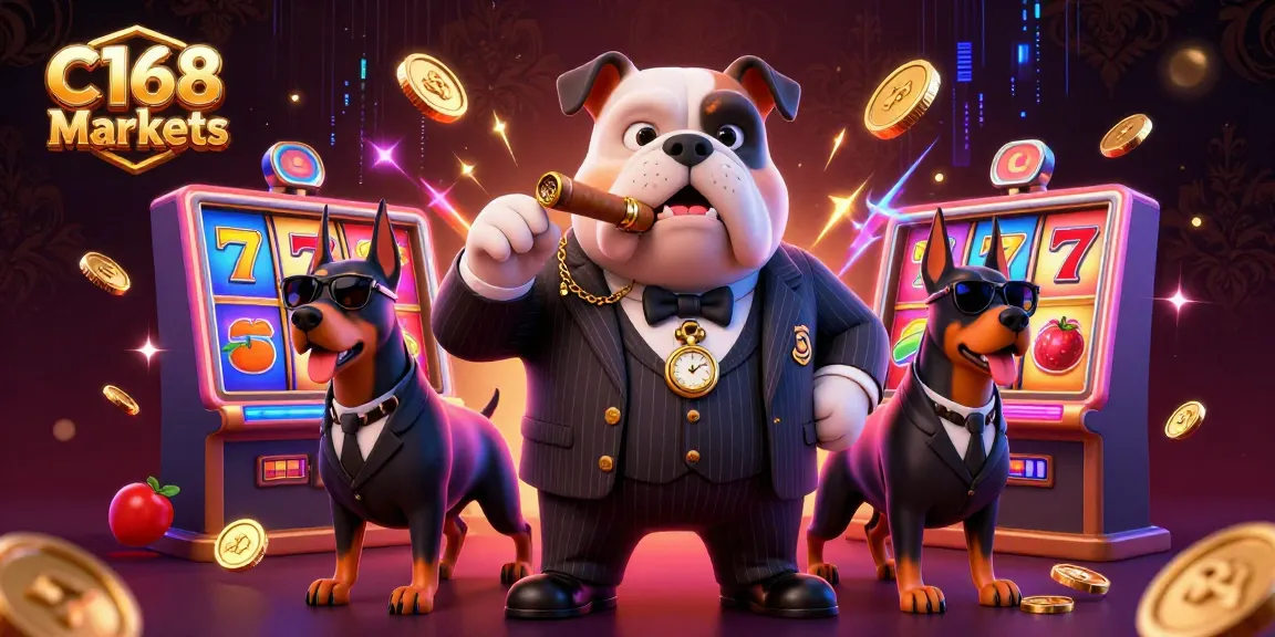 C168 Markets showcases a casino scene with a mafia bulldog and Doberman bodyguards, rich in slot machine elements.