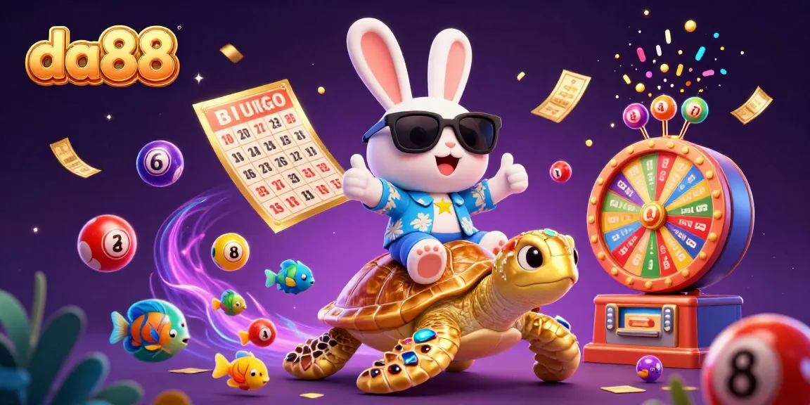 Experience da88's vibrant casino world with a lucky rabbit and golden turtle in this colorful scene.