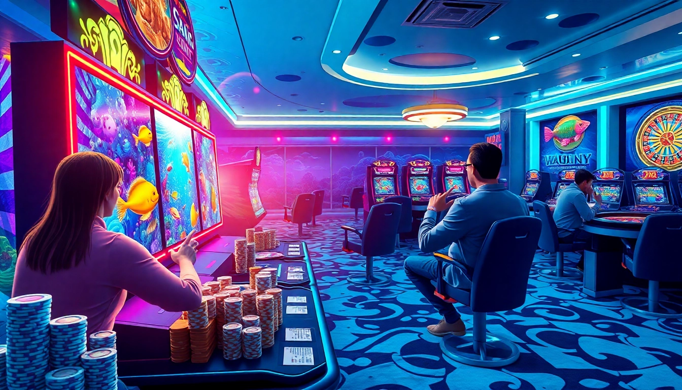Players engaging in bắn cá đổi thưởng, winning prizes in a vibrant underwater casino setting.