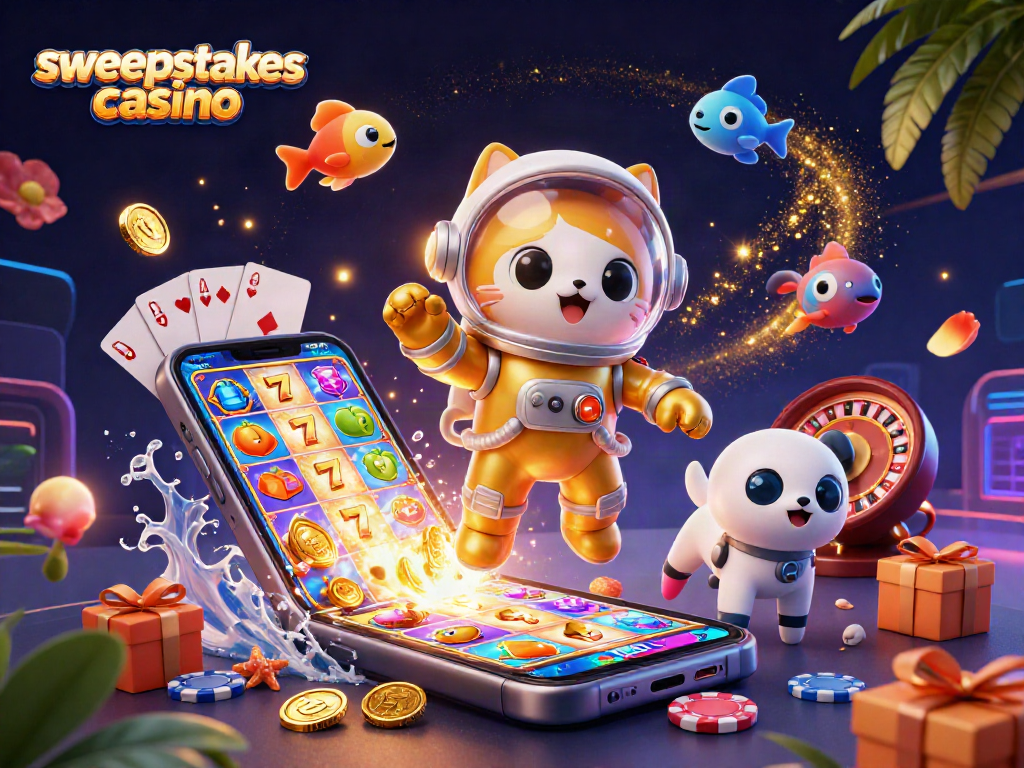 Engage in thrilling sweepstakes casino fun with an astronaut cat and robot dog in a vibrant digital illustration.