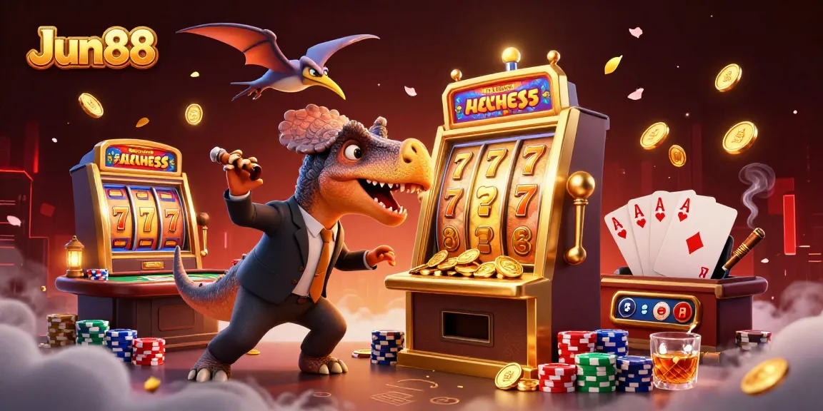 Jun88 showcases a dynamic gambling scene with vibrant characters and rich casino elements.
