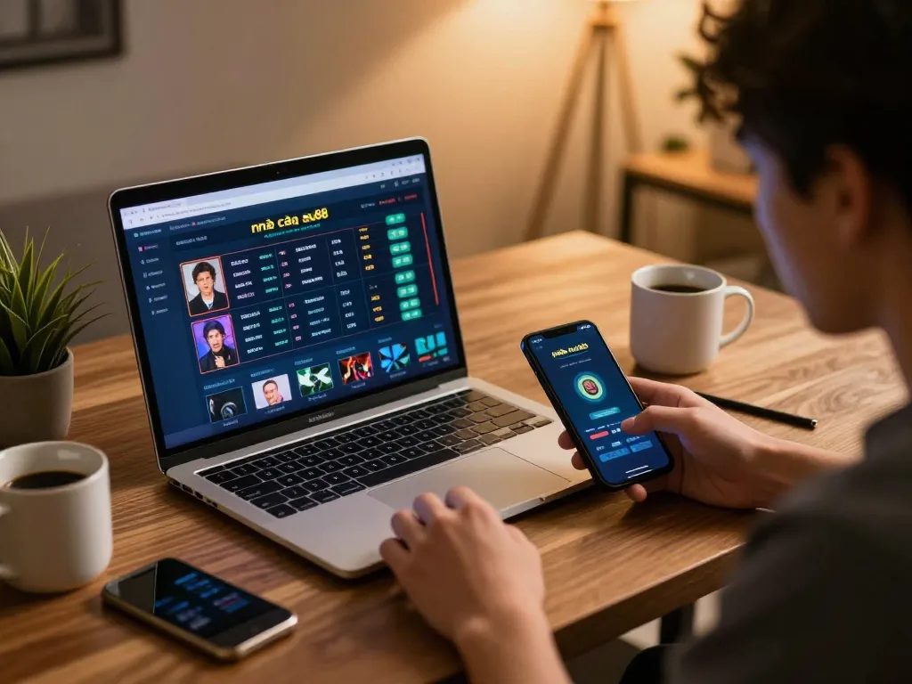 Engaged user on nhà cái au88 online platform utilizing laptop and smartphone, exploring betting options