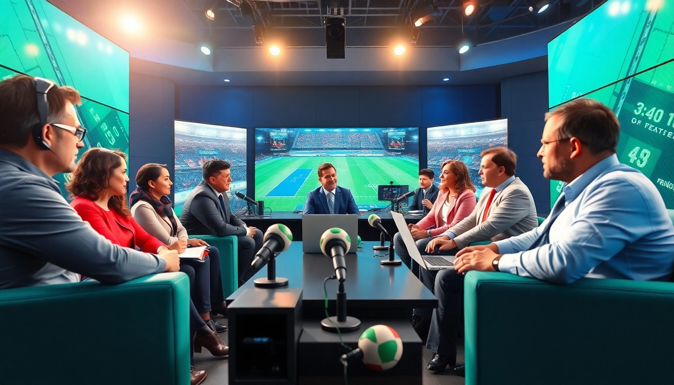 Engaging sports broadcasting panel with commentators analyzing a live game environment.