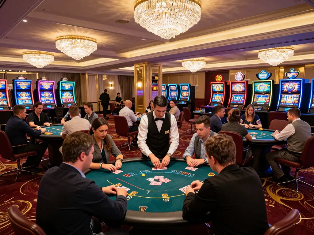 Players engaged in an exciting poker game at an upscale casino, capturing the vibrant atmosphere of 99Win