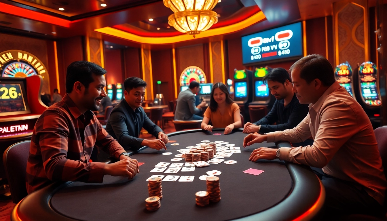 Top players enjoying poker at nhà cái 88vn casino with vibrant slot machines in the background.