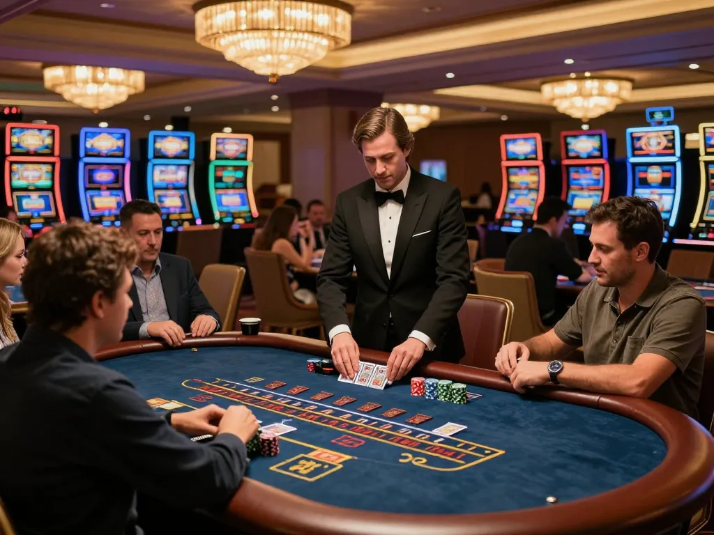 B52club players compete at a blackjack table, showcasing skills and strategy in an upscale casino setting