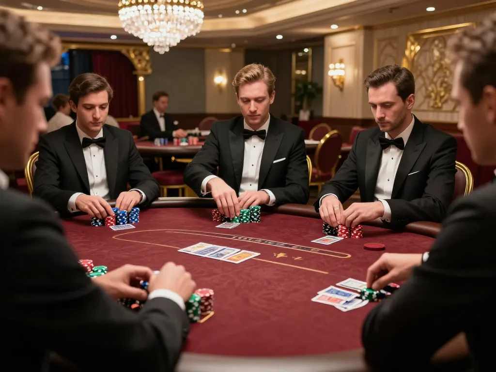Players strategizing their next move at an LC88 poker table in a luxury casino.
