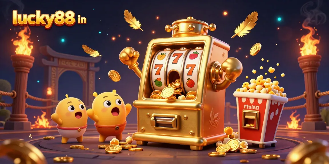 Engaging scene showcasing lucky88 in a vibrant casino atmosphere with excited slot machines and gold coins.