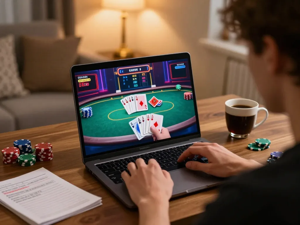 Player engages in an exciting 7m online poker game from the comfort of home.