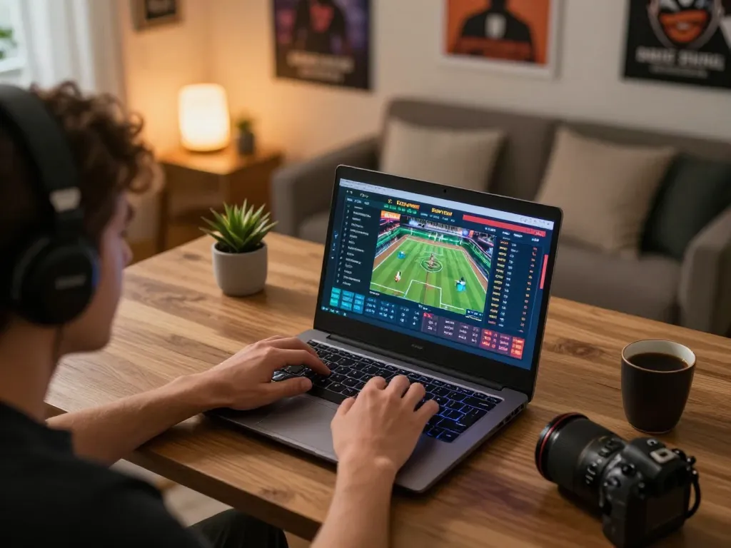 Engaging in sports betting on bet88 with a dynamic online interface and strategic focus in cozy home office