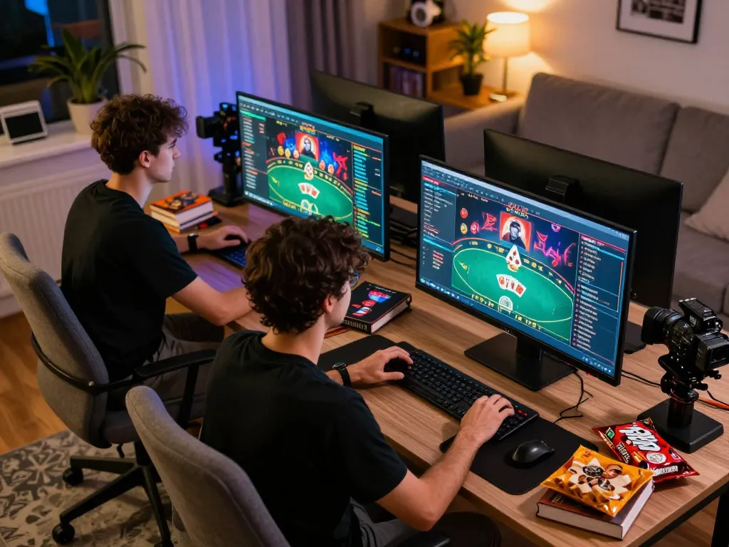 Players engaging in online casino gaming at https://rr88.select/ showing active hands and betting interface, strategic focus in a cozy atmosphere.