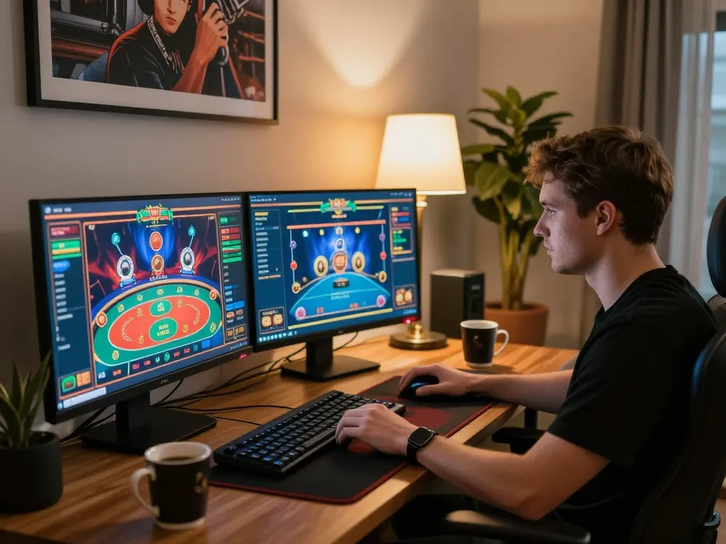 DAGA player engaging in an online casino game with multiple screens showcasing poker and slot interfaces