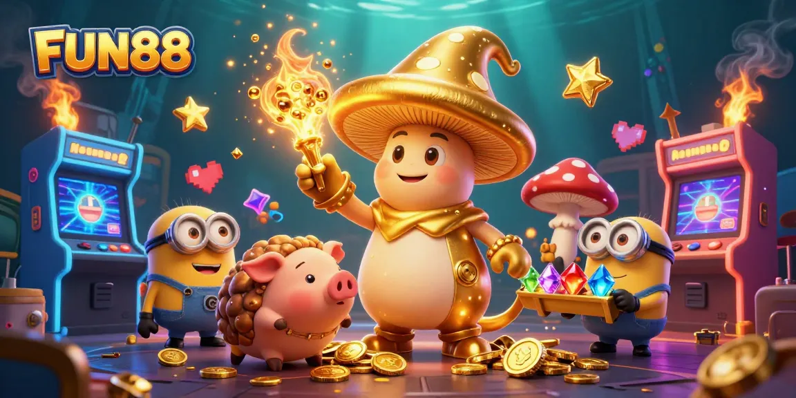 Engage in the FUN88 casino experience with magical treasures and dynamic gaming elements in a colorful scene.