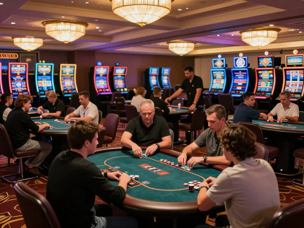 Engaging scene at xocdiaclub's casino floor, players enjoying vibrant poker games.