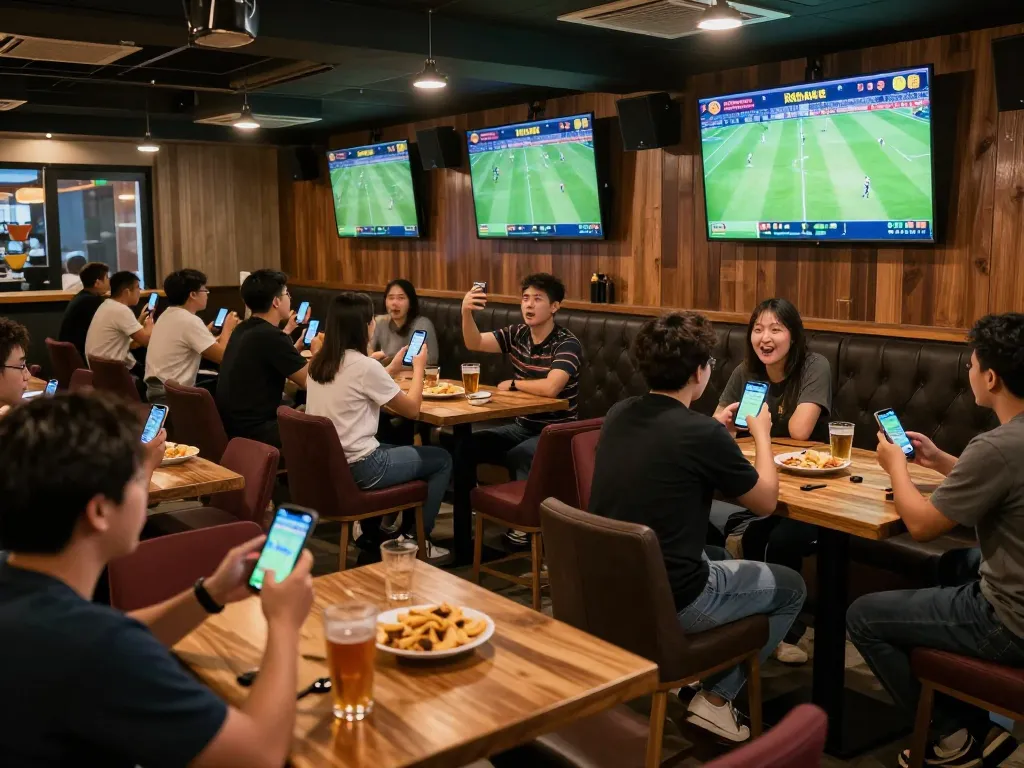 Fans engaged in sports betting using kèo nhà cái on smartphones while watching a live match.