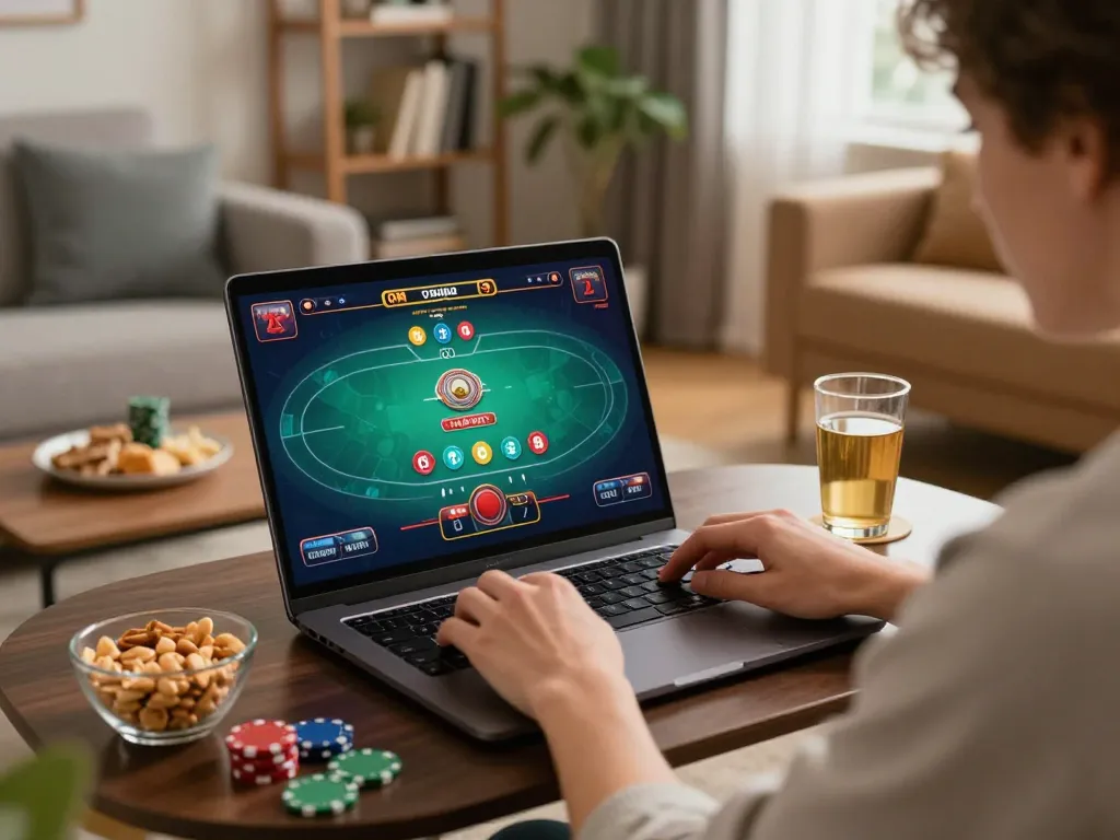 Luck8 college user engaging in strategic online poker gameplay on a laptop in a cozy home environment.