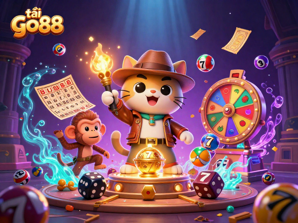 Engage with thrilling slots in a vibrant scene of tải go88, featuring an adventurous cat and treasure.