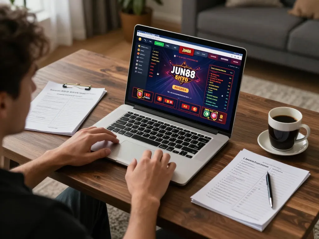 Person enjoying an online game on Jun88 casino site, highlighting strategic betting and relaxation.