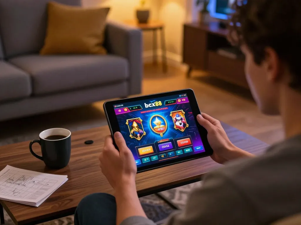 Engaging user on bcx88 tablet at home, showcasing online casino gaming experience.
