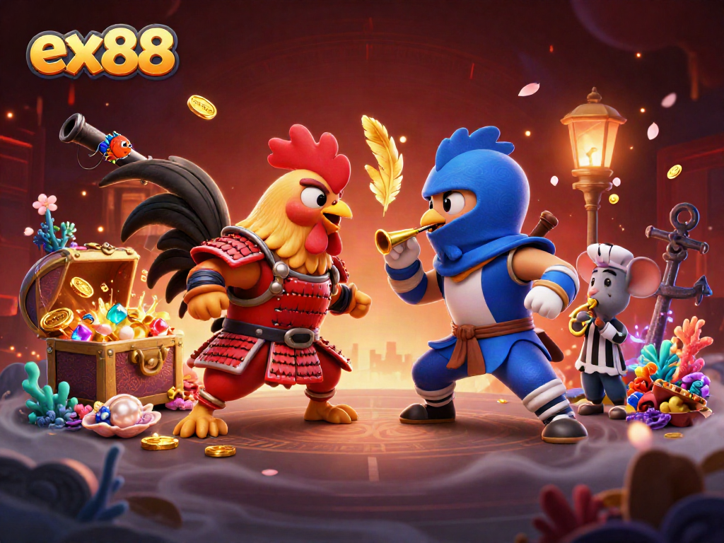 Compete in thrilling ex88 casino games while battling in a vibrant, cartoon rooster showdown.