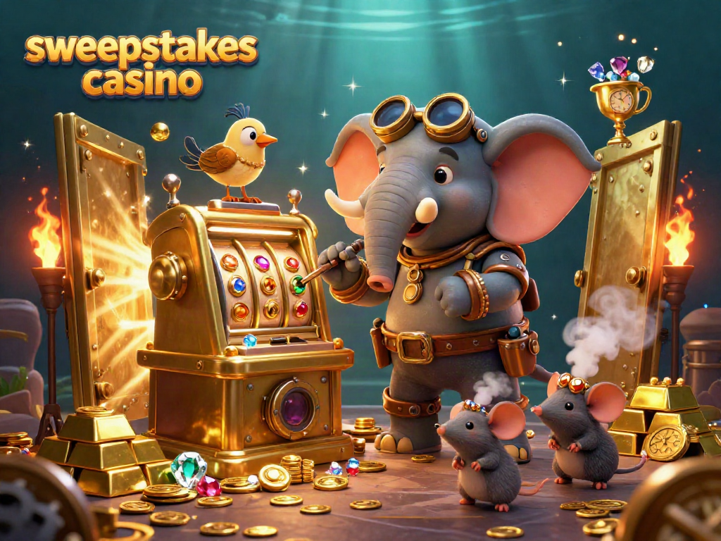 Experience the excitement at sweepstakes casino with a steampunk elephant operating a golden slot machine.