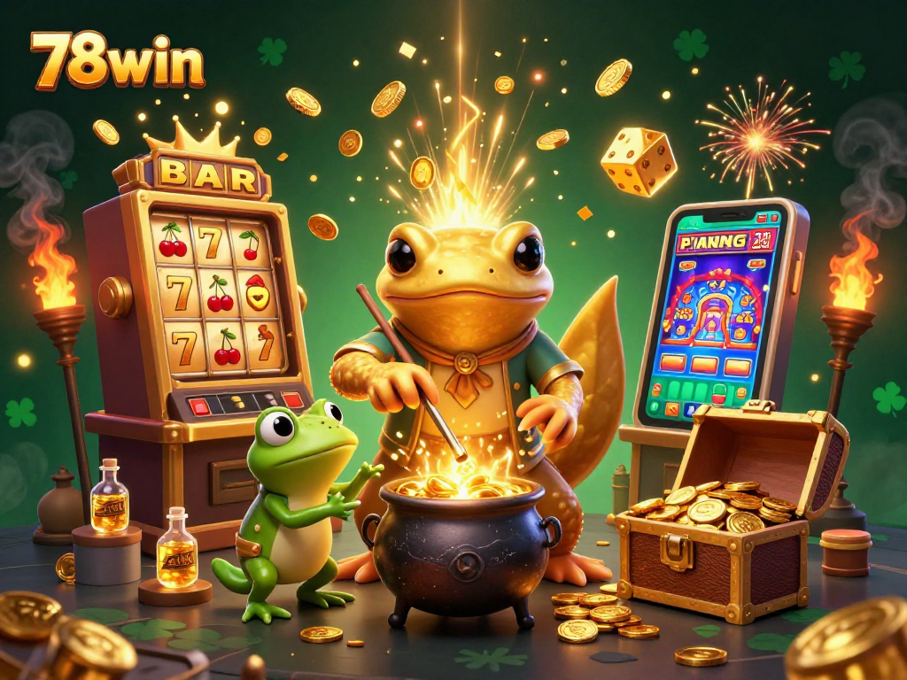 Immerse in the excitement of 78win with a vibrant scene of a mystical alchemist and casino elements.