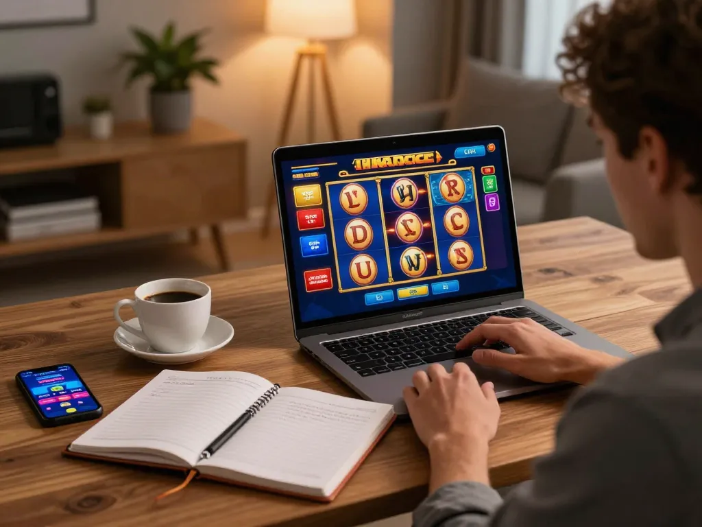 Player engaging with online slots on laptop, showcasing jj nn in a cozy home setting.