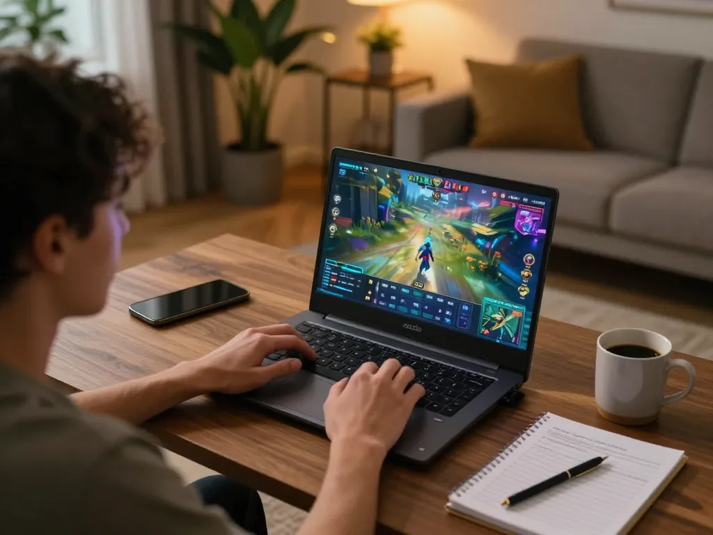 Xocdia player engaging in online gambling with vibrant game interface, cozy home atmosphere