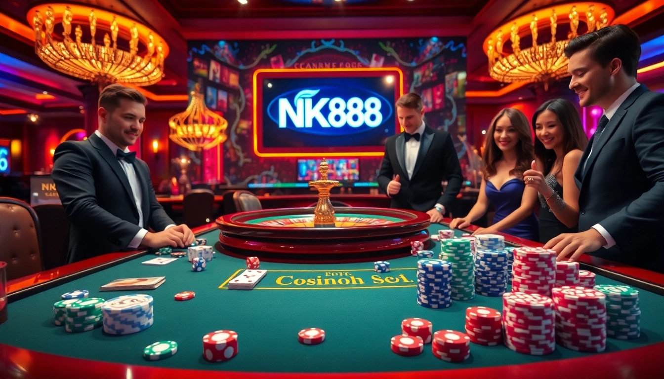 Experience the excitement of NK88 at a luxury casino with poker chips, dice, and a roulette wheel.