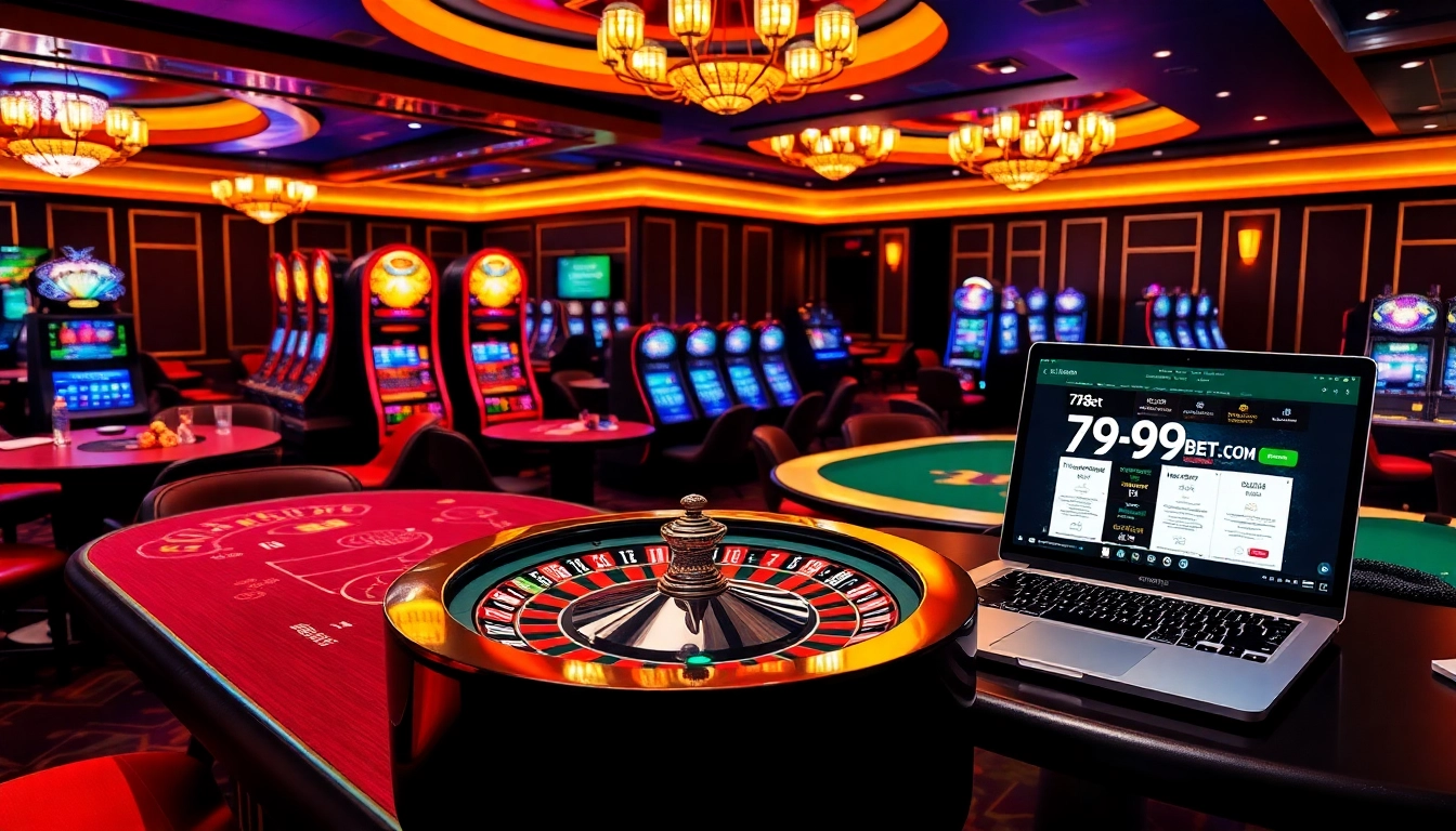 A vibrant casino scene showcasing gaming excitement at 789bet com with roulette and poker tables.