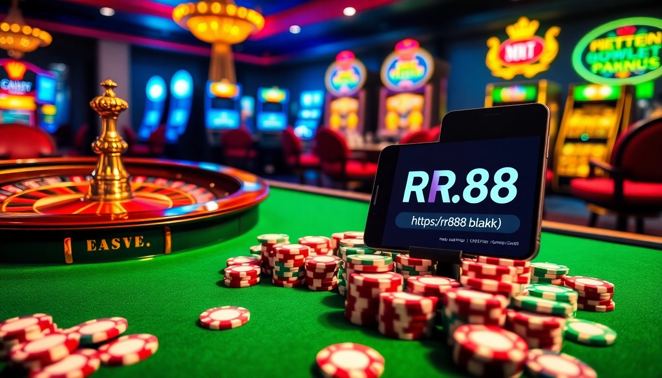 Experience the thrill of online gambling at https://rr88.black/ with engaging casino elements and vibrant colors.