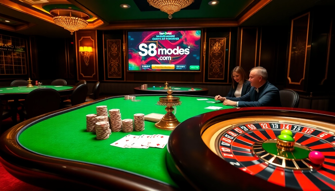 Exciting casino scene depicting players at S8mode.com poker tables with vibrant chips and cards.