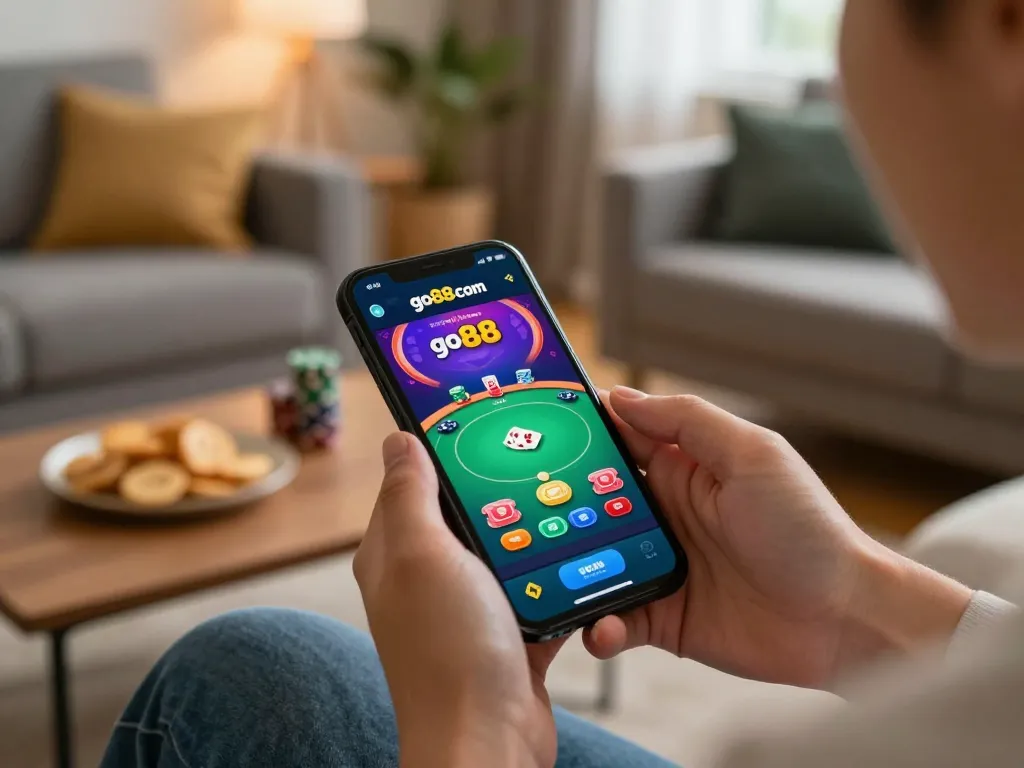 Engaging gameplay on go88 com mobile app with vibrant poker interface in cozy home setting.