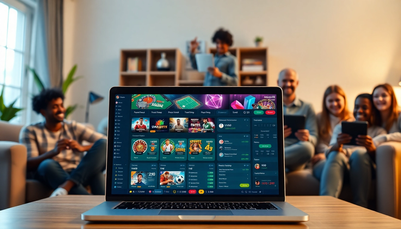 Engaging online betting interface experience at https://057789.com/, featuring diverse users happily exploring casino and sports options.