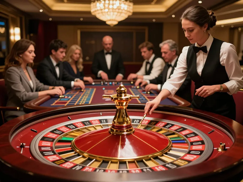 Kp88 players engage at a vibrant roulette table in an upscale casino setting.