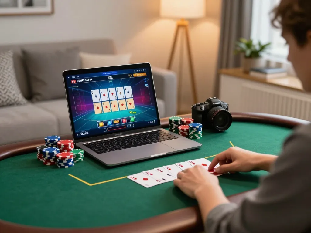 Player navigating poker on alo8net, showcasing focused gameplay in a cozy home setting.
