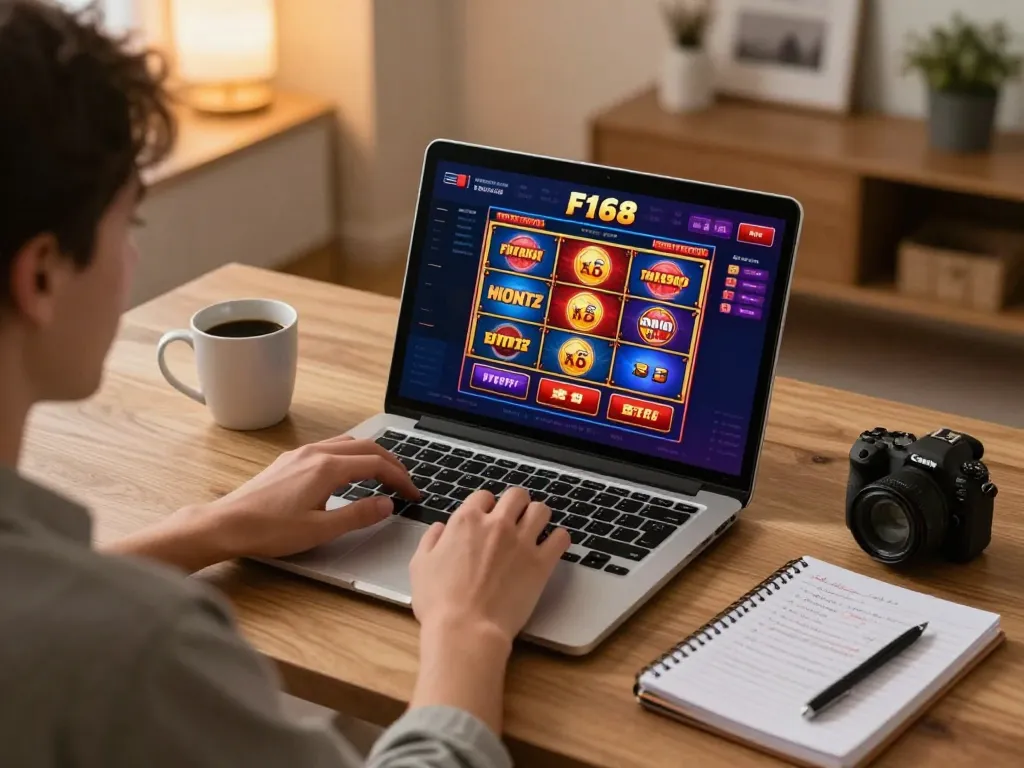 Player exploring F168 online casino slots on their laptop in a cozy home setting
