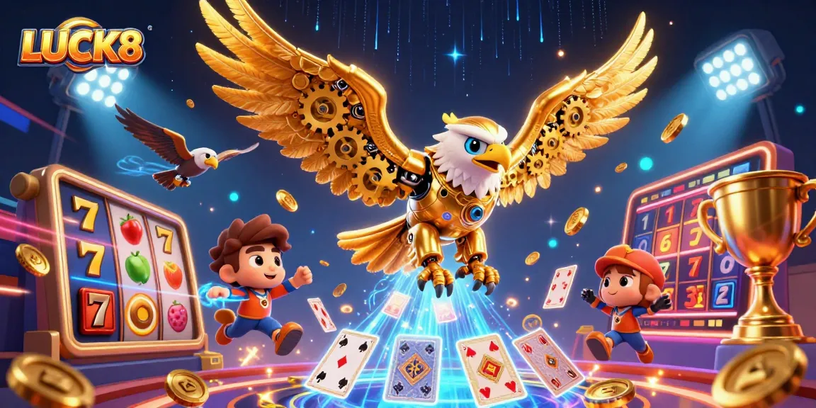 Experience LUCK8 with thrilling gaming dynamics illustrated by a golden eagle amidst flying slot games and vibrant cash elements.