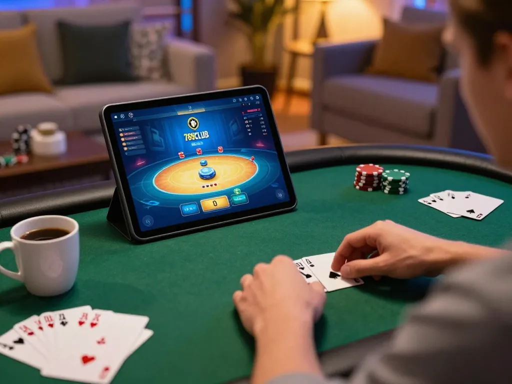 A player enjoying an exciting poker game on 789CLUB app in a stylish living room setting