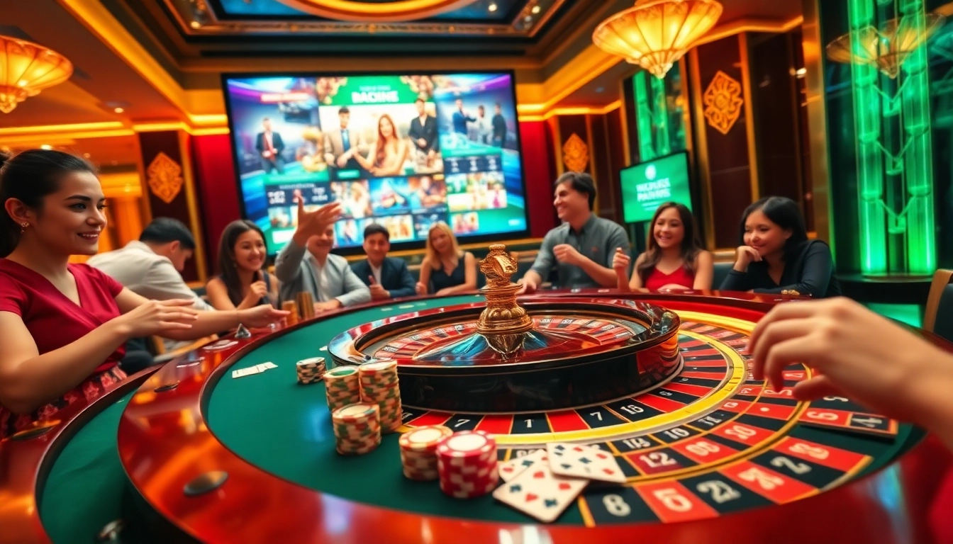 Players enjoying a vibrant casino atmosphere at RR88 with poker chips and roulette.