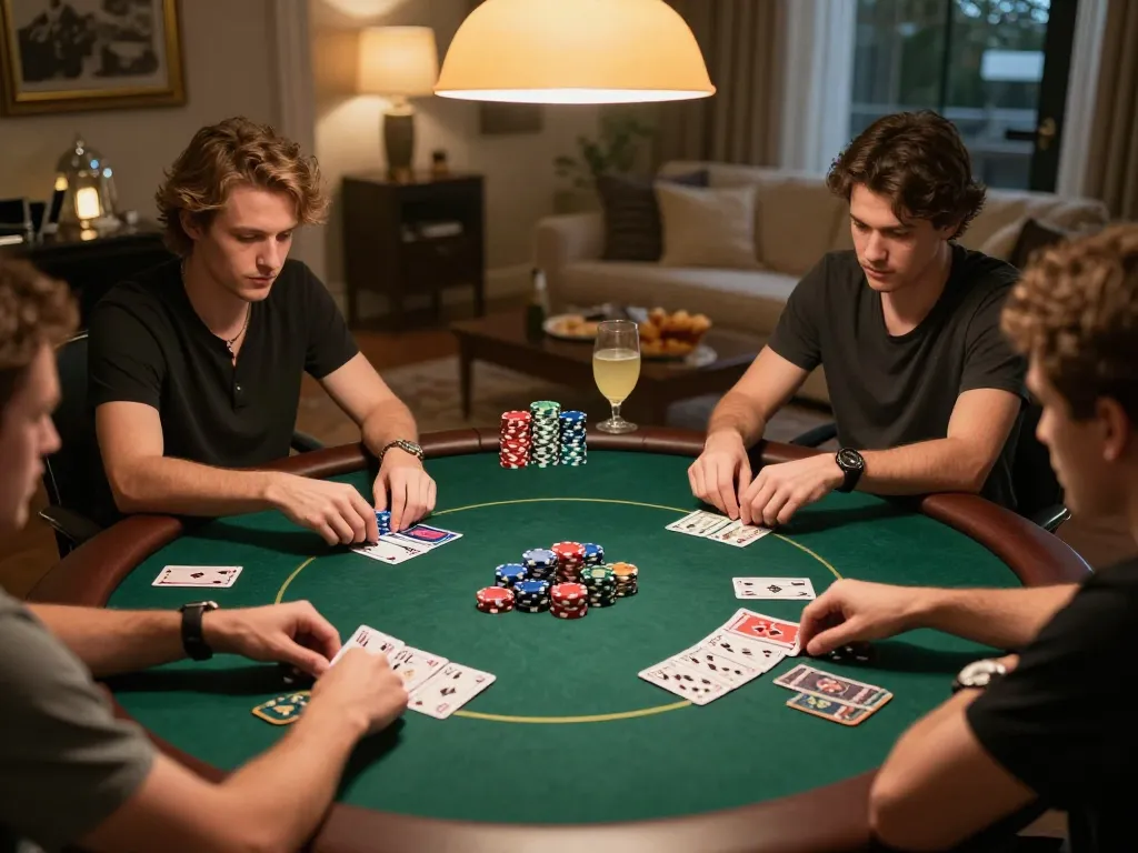 Players strategize in an intense home poker game featuring ALO8-themed chips and cards.