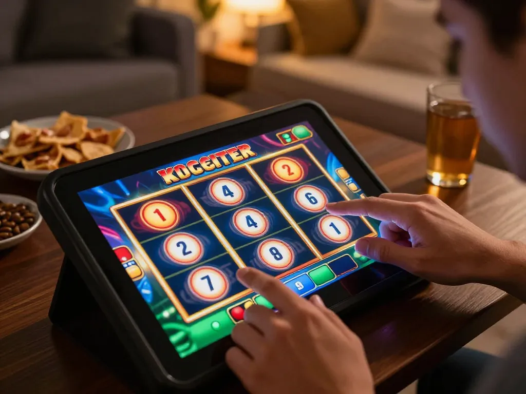 Play slot games online at home, immersing in thrilling gameplay on a tablet with vibrant visuals and engaging atmosphere, keyword 678 included.