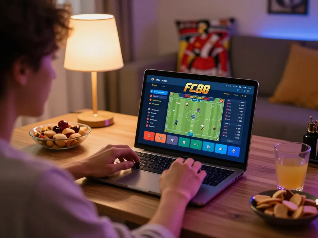 Engaged user betting on FC88 sports app from a stylish home setup.