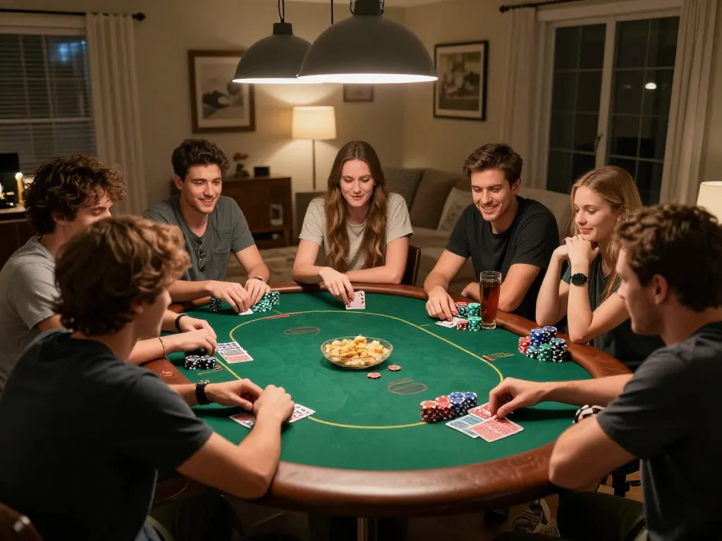 Friends playing poker during a home game night, showcasing kp88 strategy and camaraderie in a cozy atmosphere.