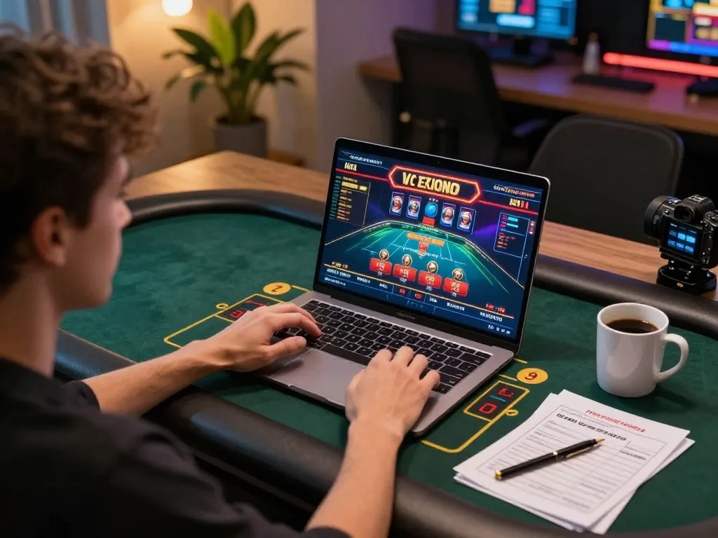 Manclub player engaged in a live table game on laptop with vibrant graphics and strategy notes.