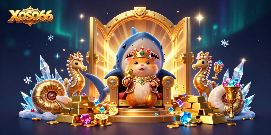 Watch XOSO66's vibrant gold-filled scene with a golden hamster king and royal guards amidst sparkling treasures.