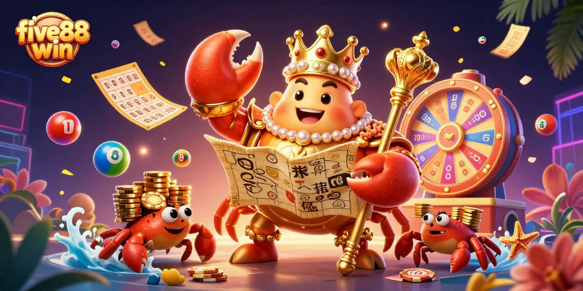 Experience the exciting world of five88 win with colorful lottery balls and a golden crab emperor.