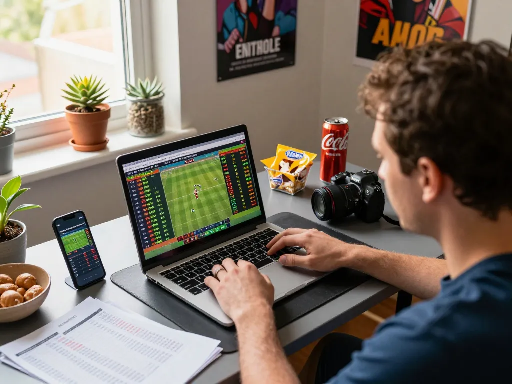 Engaging in sports betting on a laptop, experiencing sunwin online gaming excitement