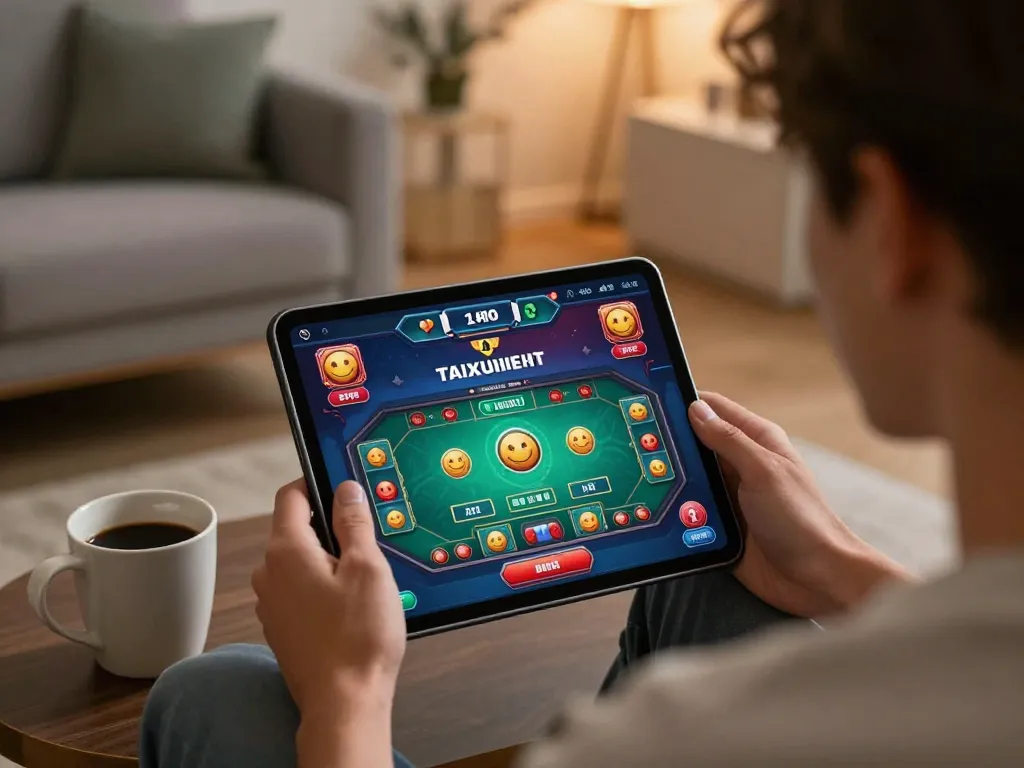 Engaging player immersed in the Taixiu online dice game on a tablet, showcasing vibrant graphics and focused gameplay