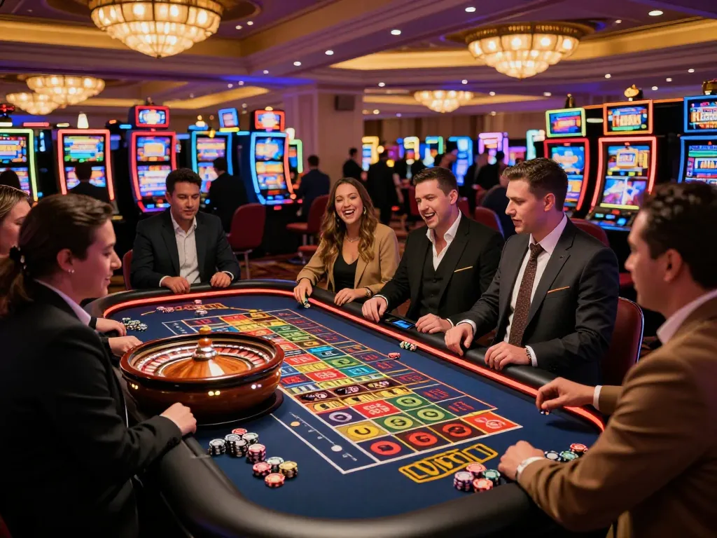 FC88 players engage at a roulette table in a lively Las Vegas casino atmosphere